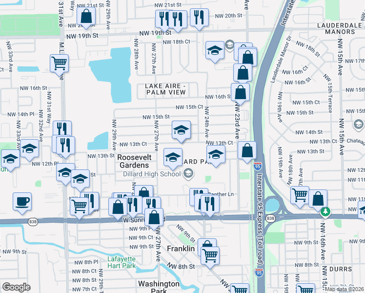 map of restaurants, bars, coffee shops, grocery stores, and more near 2740 Northwest 9th Lane in Wilton Manors