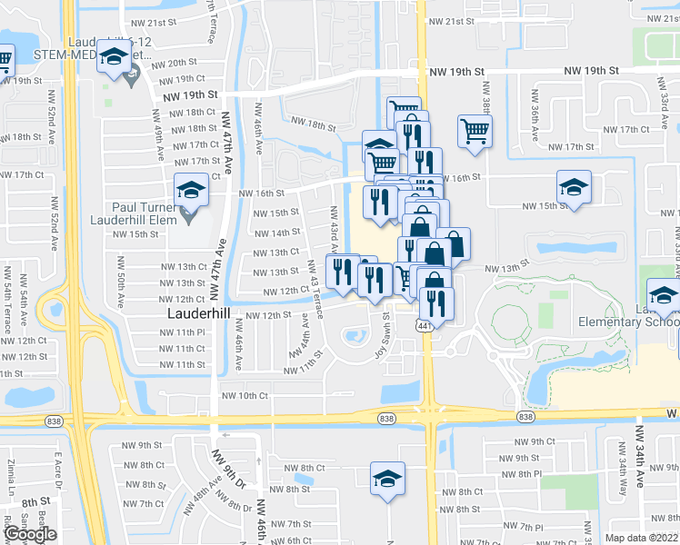 map of restaurants, bars, coffee shops, grocery stores, and more near 18 Northwest 43rd Avenue in Lauderhill