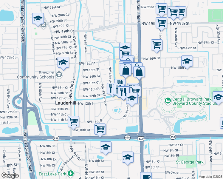 map of restaurants, bars, coffee shops, grocery stores, and more near 18 Northwest 43rd Avenue in Lauderhill