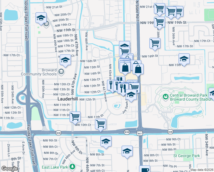 map of restaurants, bars, coffee shops, grocery stores, and more near 24 Northwest 43 Terrace in Lauderhill