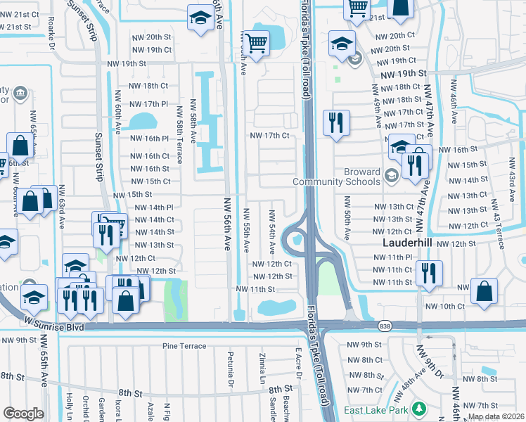 map of restaurants, bars, coffee shops, grocery stores, and more near 1440 Northwest 54th Avenue in Lauderhill