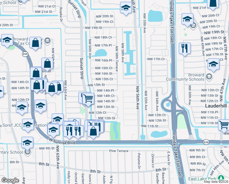 map of restaurants, bars, coffee shops, grocery stores, and more near 5870 Northwest 14th Place in Sunrise