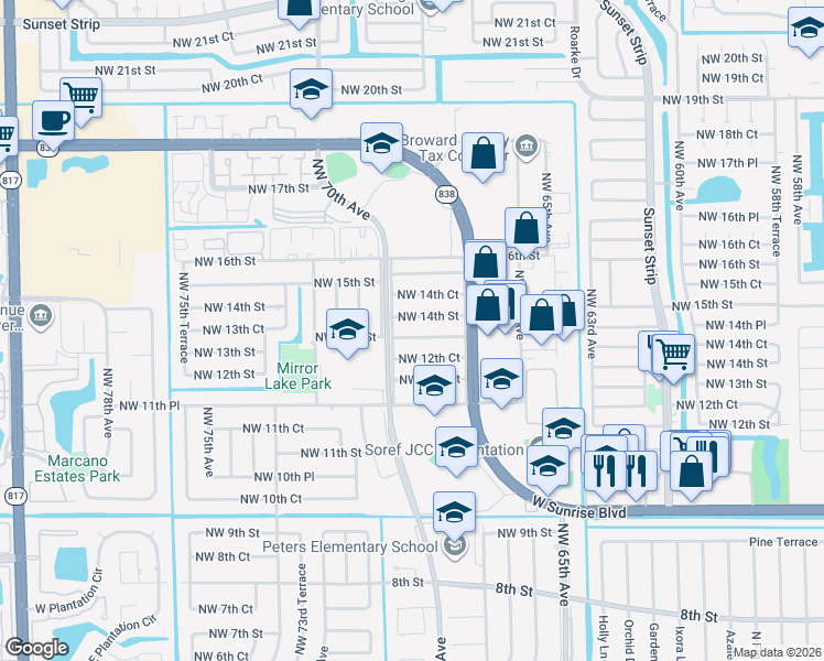 map of restaurants, bars, coffee shops, grocery stores, and more near 6885 Northwest 13th Street in Plantation