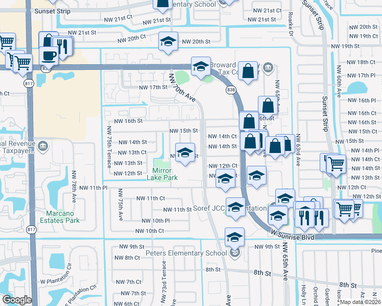 map of restaurants, bars, coffee shops, grocery stores, and more near 1300 Northwest 71st Avenue in Plantation