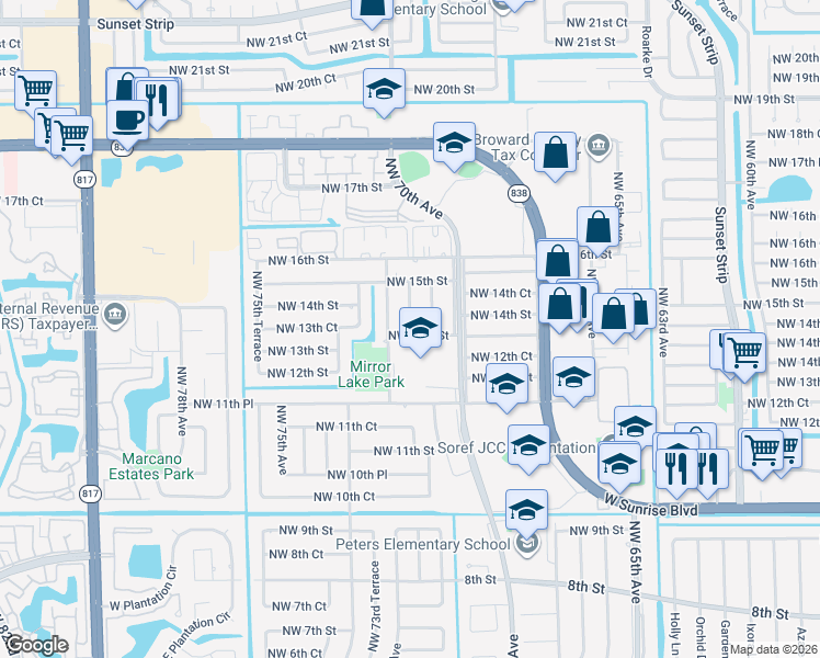 map of restaurants, bars, coffee shops, grocery stores, and more near 1300 Northwest 71st Avenue in Plantation