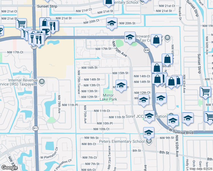 map of restaurants, bars, coffee shops, grocery stores, and more near 1281 Northwest 72nd Avenue in Plantation