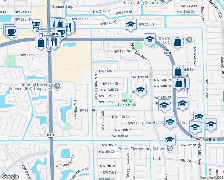map of restaurants, bars, coffee shops, grocery stores, and more near 7450 Northwest 13th Court in Plantation