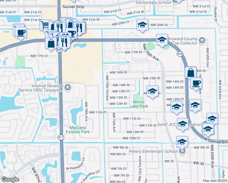map of restaurants, bars, coffee shops, grocery stores, and more near 7560 Northwest 13th Court in Plantation