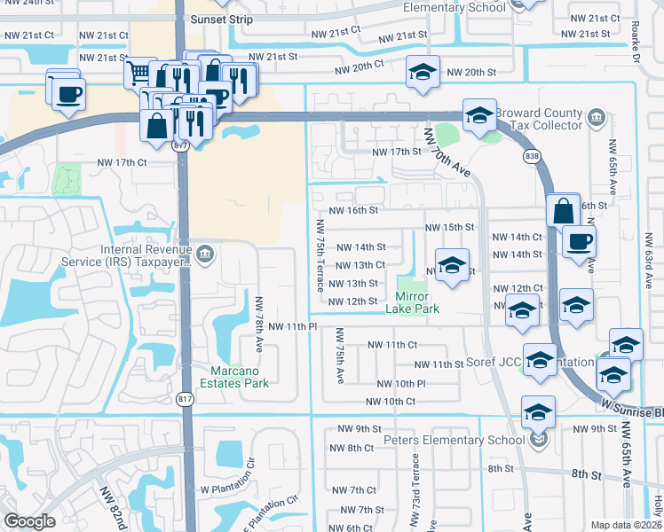 map of restaurants, bars, coffee shops, grocery stores, and more near 7560 Northwest 13th Court in Plantation