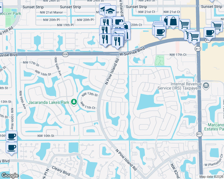 map of restaurants, bars, coffee shops, grocery stores, and more near 9001 Northwest 13th Street in Plantation