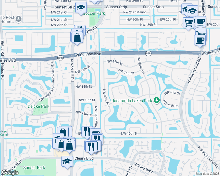 map of restaurants, bars, coffee shops, grocery stores, and more near 1361 Northwest 98th Avenue in Plantation