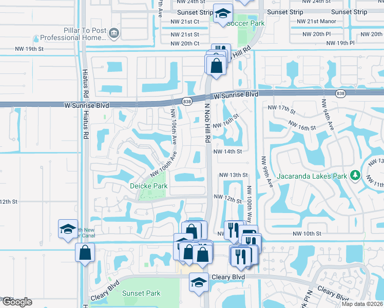 map of restaurants, bars, coffee shops, grocery stores, and more near 1451 Northwest 104th Avenue in Plantation