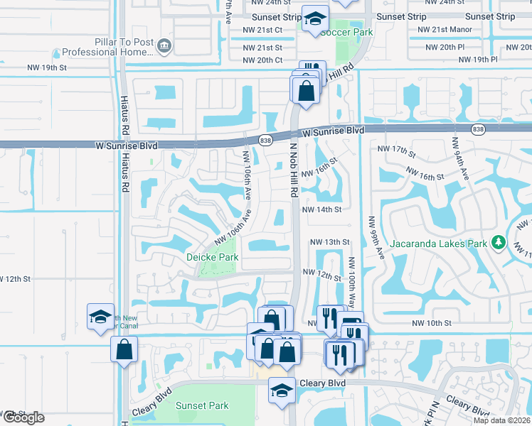 map of restaurants, bars, coffee shops, grocery stores, and more near 1451 Northwest 104th Avenue in Plantation