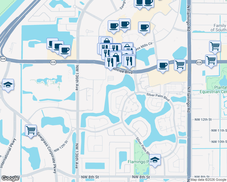map of restaurants, bars, coffee shops, grocery stores, and more near 1415 Northwest 129th Way in Sunrise