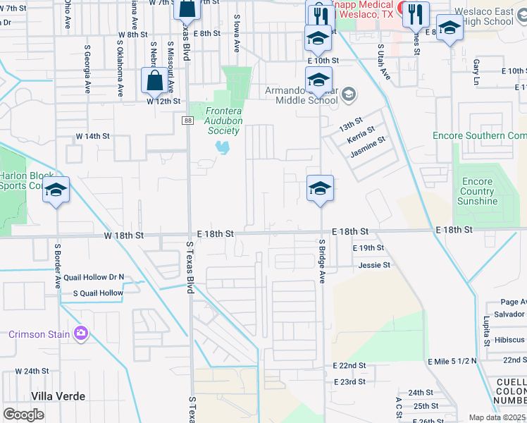 map of restaurants, bars, coffee shops, grocery stores, and more near 18 North Tio Avenue in Weslaco