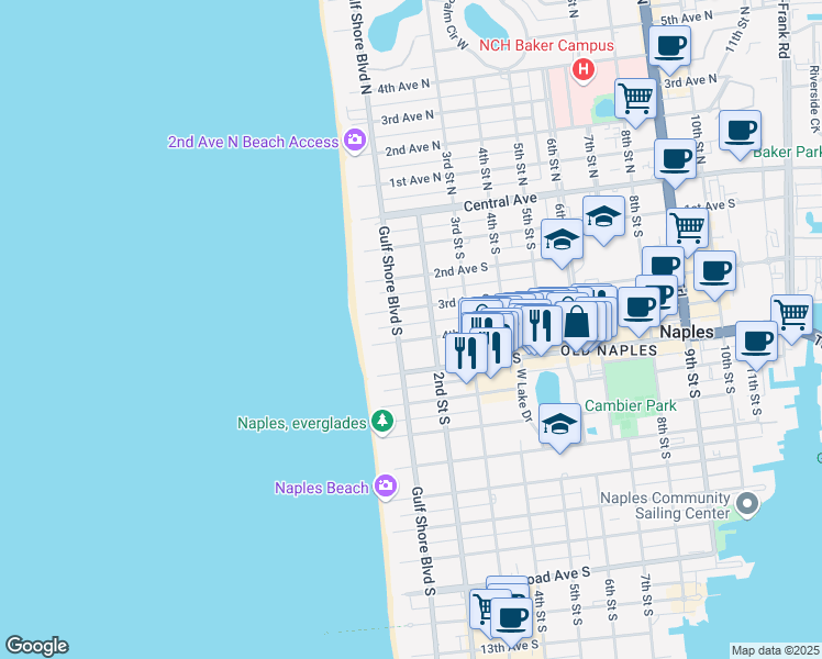 map of restaurants, bars, coffee shops, grocery stores, and more near 135 4th Avenue South in Naples