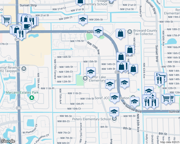 map of restaurants, bars, coffee shops, grocery stores, and more near 1300 Northwest 71st Avenue in Plantation