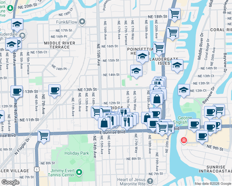 map of restaurants, bars, coffee shops, grocery stores, and more near 1229 Northeast 16th Terrace in Fort Lauderdale