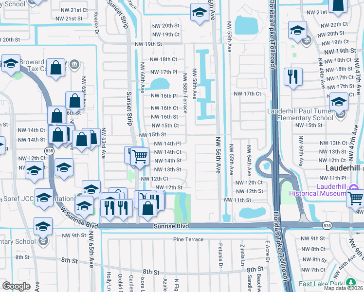 map of restaurants, bars, coffee shops, grocery stores, and more near 5870 Northwest 14th Place in Sunrise