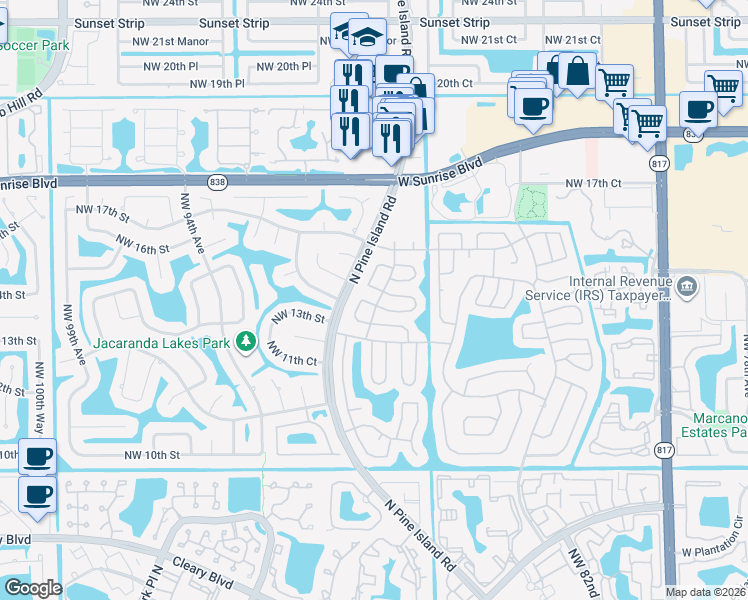 map of restaurants, bars, coffee shops, grocery stores, and more near 9001 Northwest 13th Street in Plantation