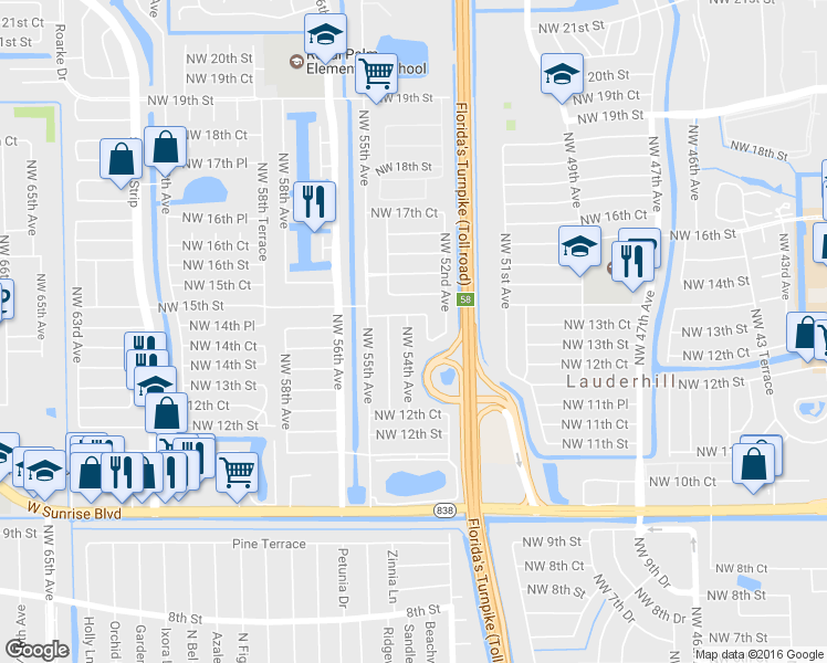 map of restaurants, bars, coffee shops, grocery stores, and more near 1440 Northwest 54th Avenue in Lauderhill