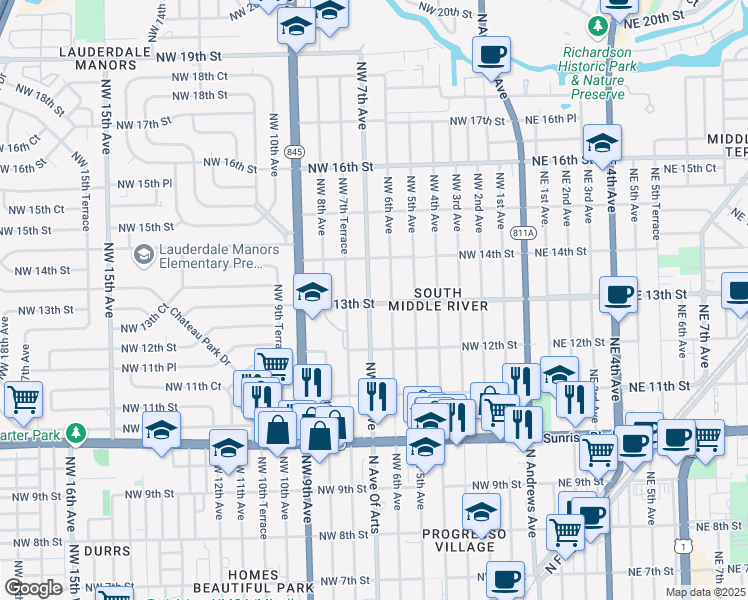 map of restaurants, bars, coffee shops, grocery stores, and more near 1300 Northwest 7th Avenue in Fort Lauderdale