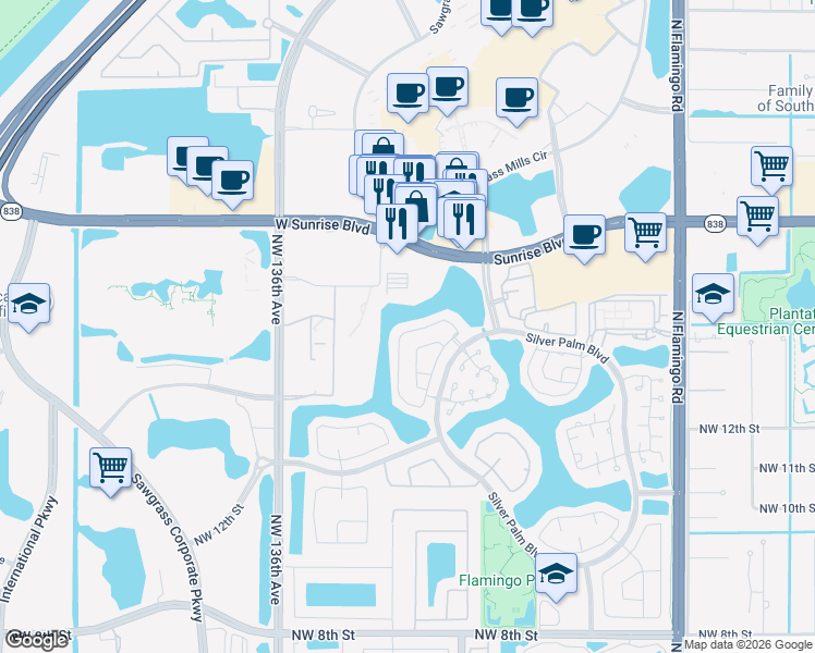 map of restaurants, bars, coffee shops, grocery stores, and more near 1415 Northwest 129th Way in Sunrise