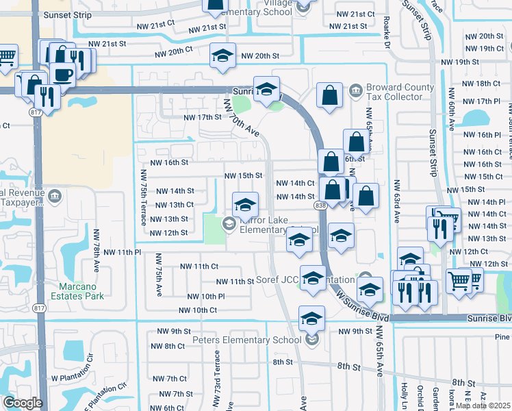 map of restaurants, bars, coffee shops, grocery stores, and more near 1300 Northwest 70th Way in Plantation