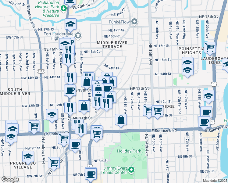 map of restaurants, bars, coffee shops, grocery stores, and more near 900 Northeast 13th Street in Fort Lauderdale