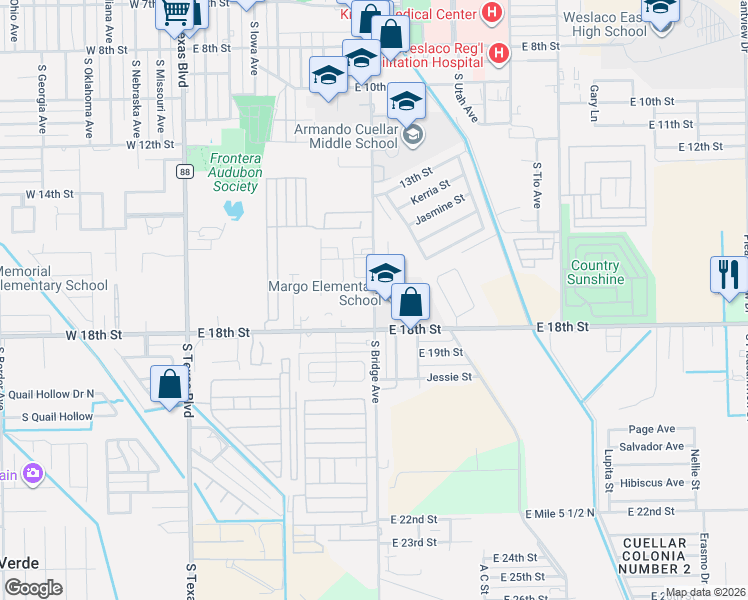 map of restaurants, bars, coffee shops, grocery stores, and more near 420 East 18th Street in Weslaco