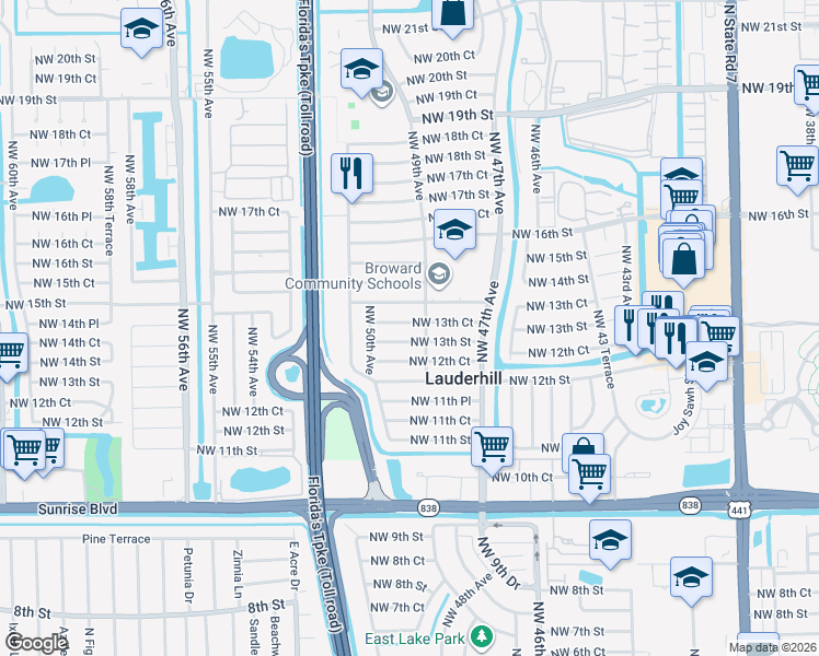 map of restaurants, bars, coffee shops, grocery stores, and more near 4920 Northwest 13th Court in Lauderhill