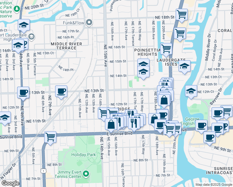 map of restaurants, bars, coffee shops, grocery stores, and more near 1229 Northeast 16th Terrace in Fort Lauderdale