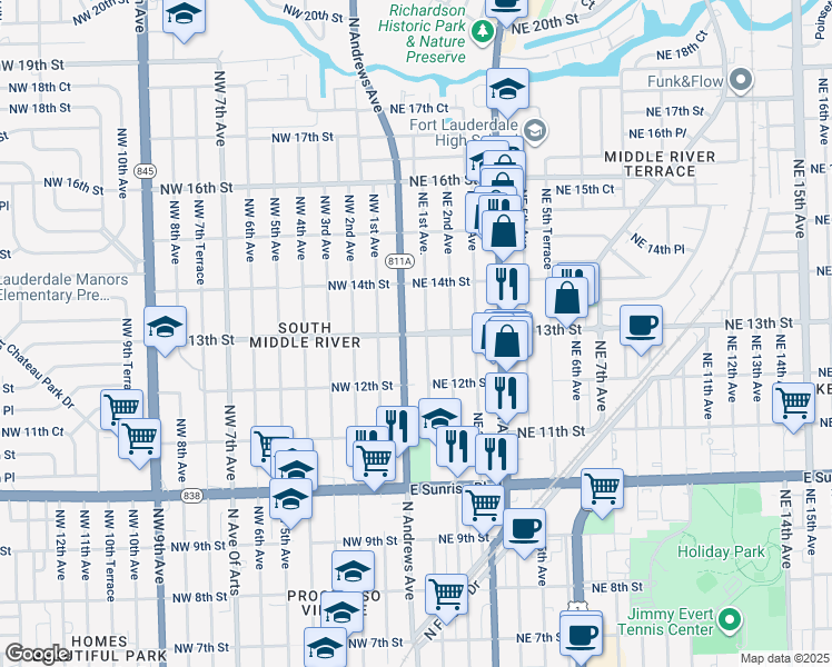 map of restaurants, bars, coffee shops, grocery stores, and more near 1244 Northeast 1st Avenue in Fort Lauderdale