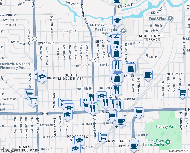 map of restaurants, bars, coffee shops, grocery stores, and more near 1244 Northeast 1st Avenue in Fort Lauderdale
