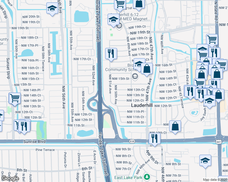 map of restaurants, bars, coffee shops, grocery stores, and more near 4981 Northwest 13th Street in Lauderhill
