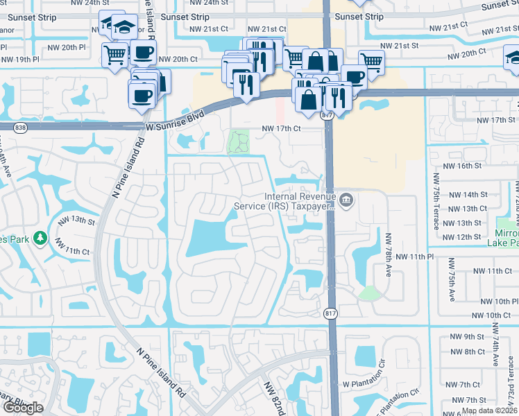 map of restaurants, bars, coffee shops, grocery stores, and more near 1410 Northwest 85th Avenue in Plantation