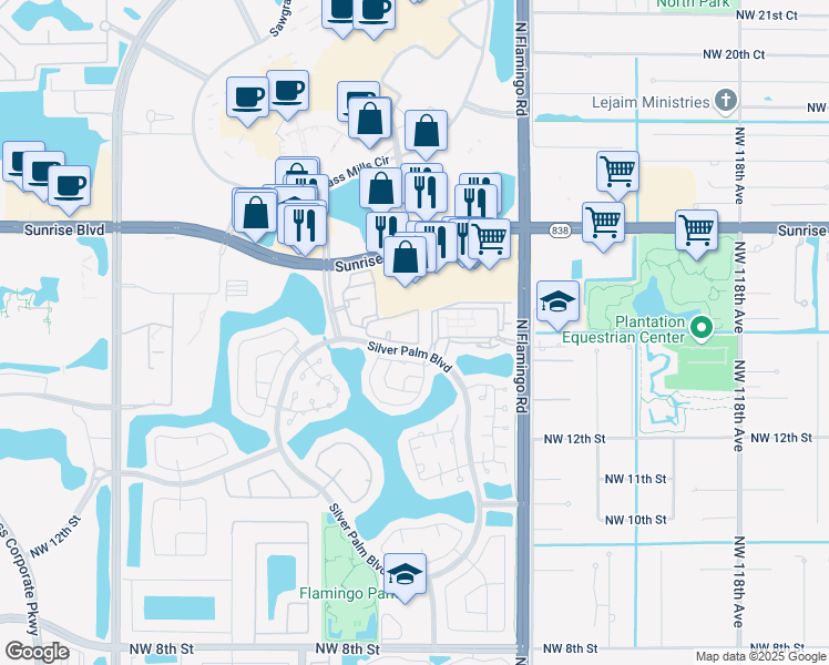 map of restaurants, bars, coffee shops, grocery stores, and more near 1560 Northwest 128th Drive in Sunrise