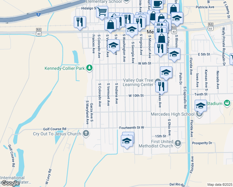 map of restaurants, bars, coffee shops, grocery stores, and more near 906 West 10th Street in Mercedes