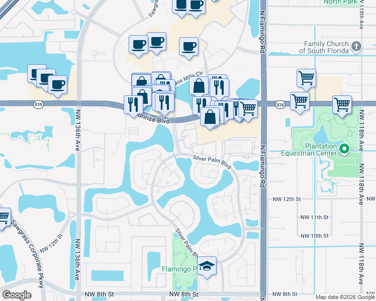 map of restaurants, bars, coffee shops, grocery stores, and more near 1520 Northwest 128th Drive in Sunrise