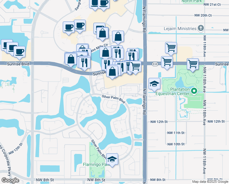 map of restaurants, bars, coffee shops, grocery stores, and more near 1560 Northwest 128th Drive in Sunrise