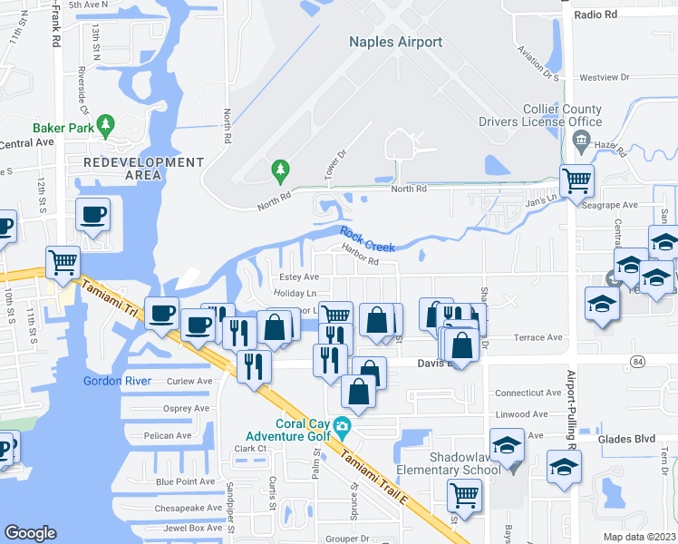 map of restaurants, bars, coffee shops, grocery stores, and more near 2225 Estey Avenue in Naples