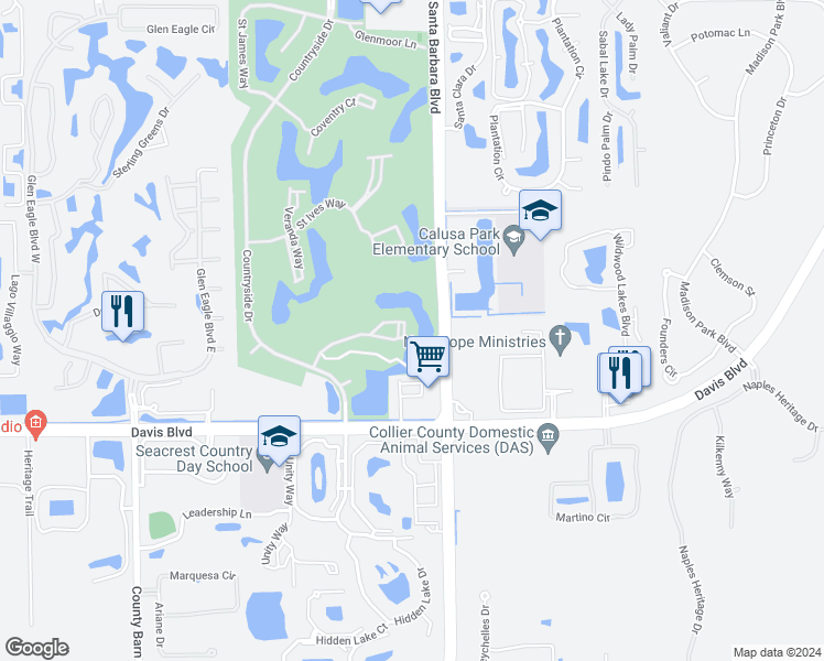 map of restaurants, bars, coffee shops, grocery stores, and more near 7340 Province Way in Naples