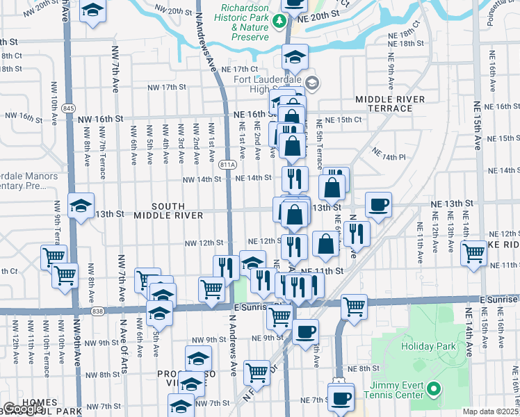 map of restaurants, bars, coffee shops, grocery stores, and more near 206 Northeast 13th Street in Fort Lauderdale
