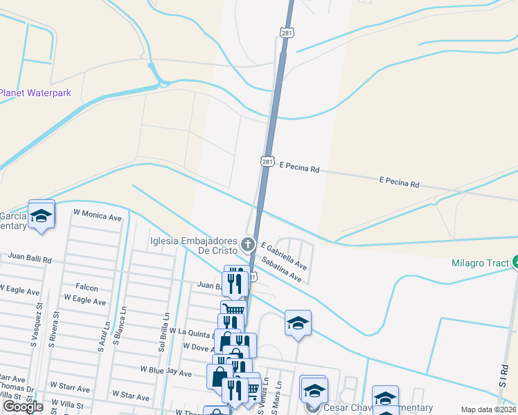 map of restaurants, bars, coffee shops, grocery stores, and more near 5278 South Cage Boulevard in Pharr