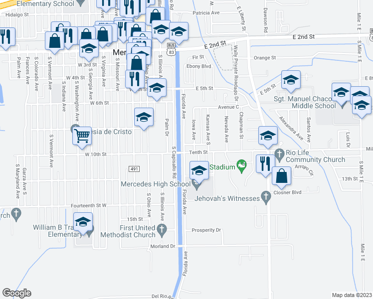 map of restaurants, bars, coffee shops, grocery stores, and more near 105 East 10th Street in Mercedes