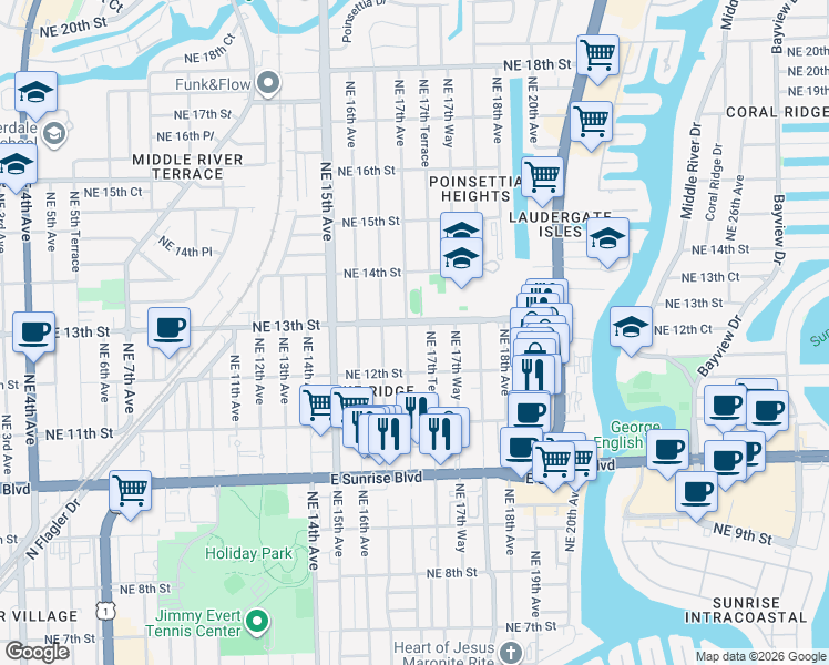 map of restaurants, bars, coffee shops, grocery stores, and more near 1228 Northeast 17th Avenue in Fort Lauderdale