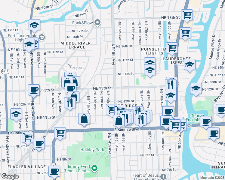 map of restaurants, bars, coffee shops, grocery stores, and more near 1230 Northeast 15th Avenue in Fort Lauderdale