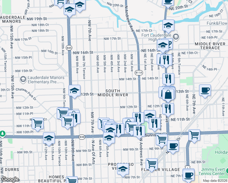 map of restaurants, bars, coffee shops, grocery stores, and more near 314 Northwest 13th Street in Fort Lauderdale