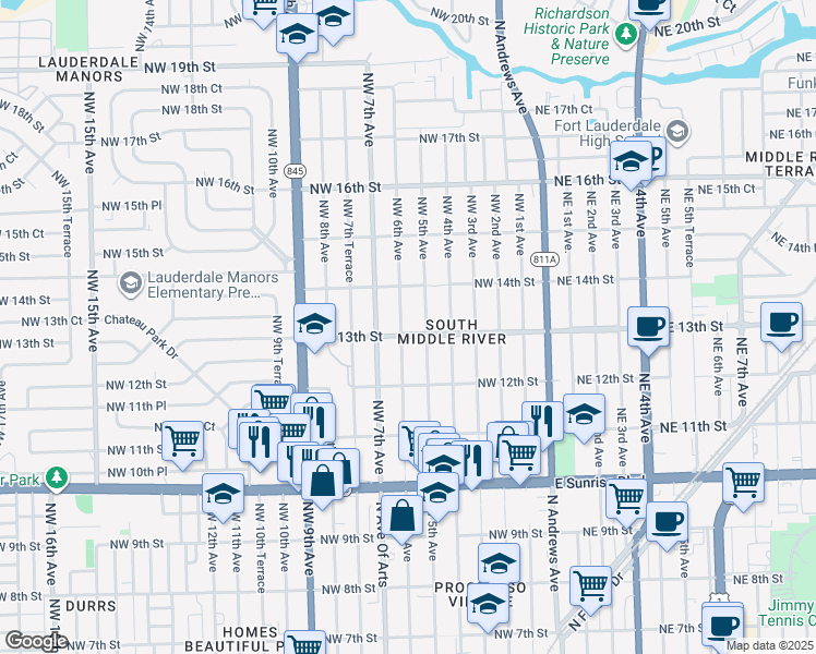 map of restaurants, bars, coffee shops, grocery stores, and more near 501 Northwest 13th Street in Fort Lauderdale