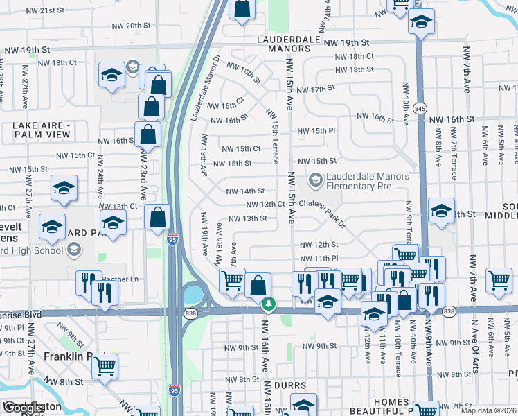 map of restaurants, bars, coffee shops, grocery stores, and more near 1613 Northwest 13th Street in Fort Lauderdale